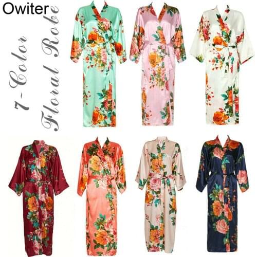 Owiter Long Floral Robe Kimono Bridal Pure Satin Silk Bathrobe Night Dress Wedding Robes for Bridesmaids Bride Sleepwear Flower