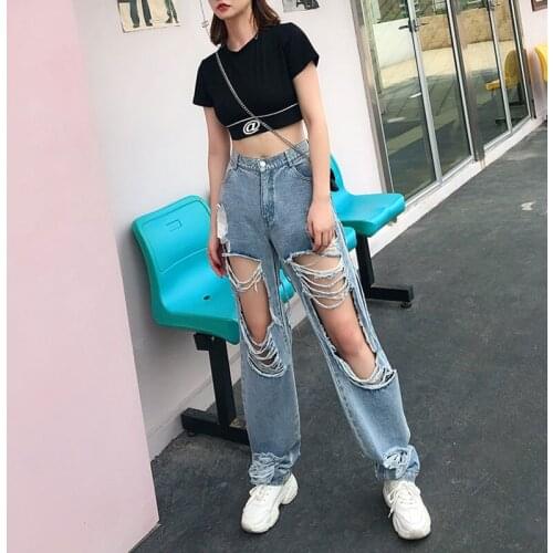 Spring and Summer 2019 New Big Hole Leg Jeans Womens Denim Pants Student Loose Ripped Jeans For Woman