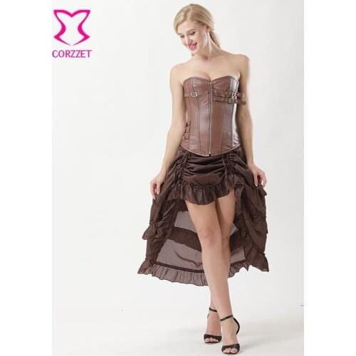 Brown Faux Leather Buckle Zipper Bustier Burlesque Corset Dresses Gothic Clothing Corsets And Bustiers Vintage Steampunk Dress