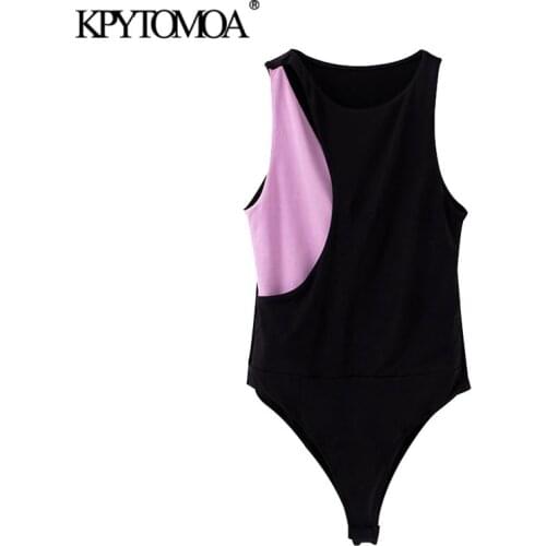 KPYTOMOA Women 2020 Sexy Fashion Patchwork Stretch Slim Bodysuits Vintage Sleeveless Hollow Out Female Playsuits Chic Tops