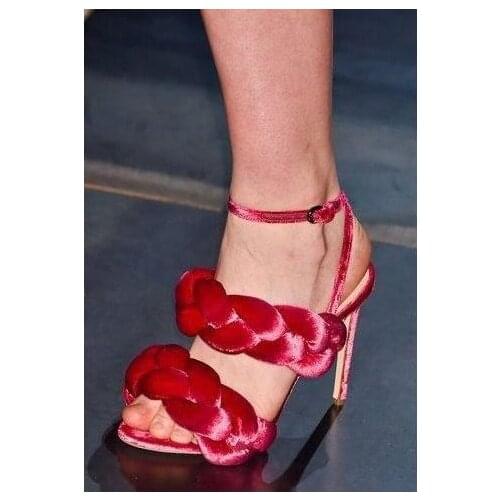 Hot Selling Pink Velvet Women Sandals Cut-out Peep Toe Ankle Strap Stiletto High-heel Gladiator Sandals Women Banquet Shoes