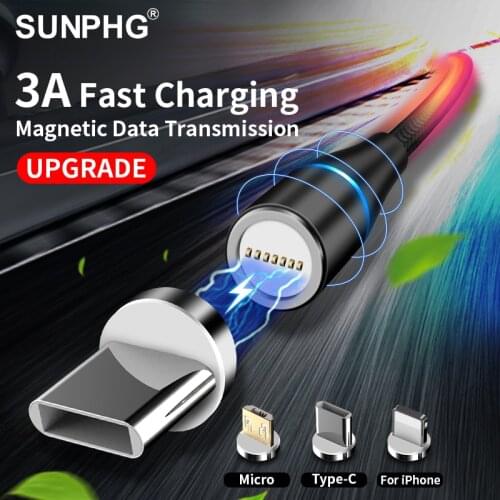 SUNPHG 3A Fast Charging Magnetic Cable Charger for iPhone xs max Micro USB Type C Data Cable for Samsung s9 Mobile Phone Wire