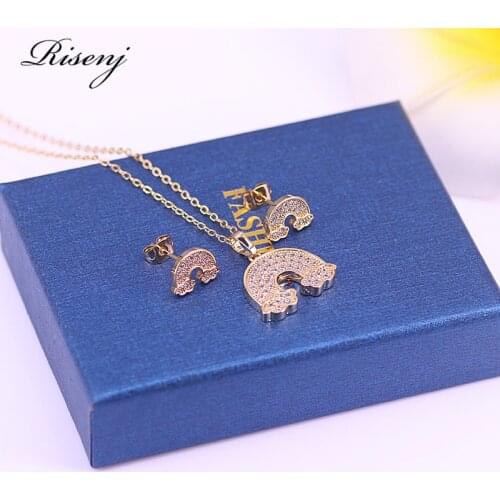 Many New Styles 18K Gold White Zircon & Crustal Rainbow Square Jewelry For Women Stud Earrings Necklace Set