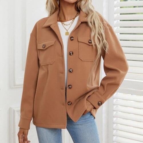 Fashion Women Long Sleeve Button Coat Solid Color/Plaid Print Lapel Neck Tops for Autumn Winter Bomber Jackets Outwear 2021