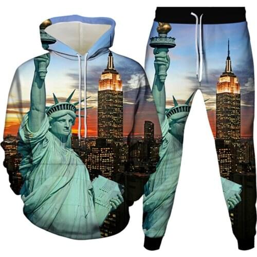 Men Statue Liberty Natural Landscape Toddler Print Autumn Clothing 2Pcs Set Women Hoodies+Trousers Casual Sportwear Outfit S-6X