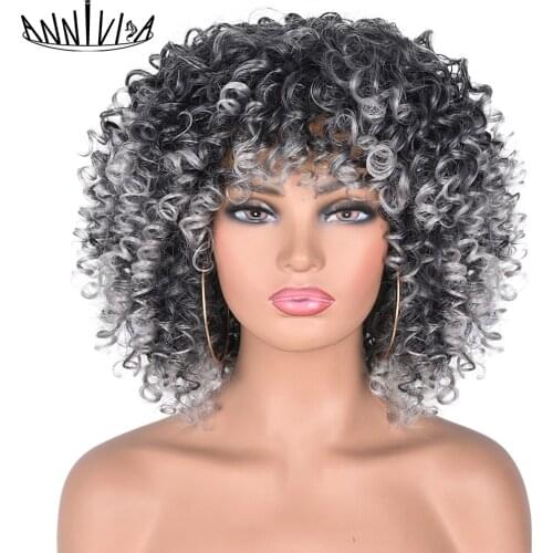 14" Short Hair Afro Kinky Curly Wig With Bangs Synthetic Ombre Glueless Brown Blonde Cosplay Wigs For Black Women Annivia