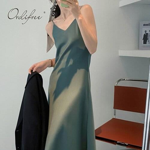 Ordifree 2021 Summer Women Satin Slip Dress Silk Shiny Vintage Elegant Ladies Spaghetti Strap Sexy Long Party Dress