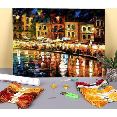 Lovely Harbor Printed Canvas 11CT Cross-Stitch Set DIY Embroidery DMC Threads Handiwork Handmade Handicraft Knitting Adults
