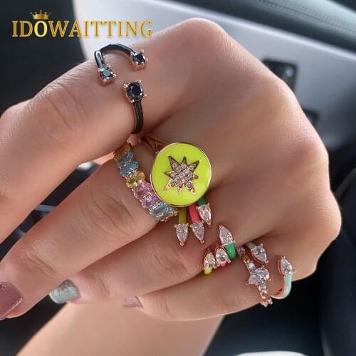 Drop Shipping Fashion Pastel Enamel Colorful CZ Jewelry White Tear Drop Cubic Zirconia Open Adjusted Finger Ring For Girl Women