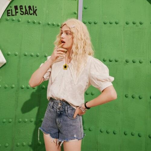 ELFSACK Solid Pure Chic Single Breasted Casual Shirt Women,2021 Summer Puff Sleeve Vintage Korean Ladies Daily Top