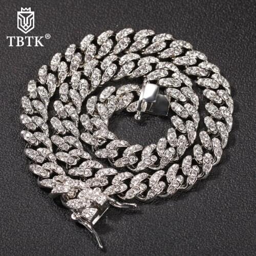 TBTK 12mm Miami Cuban Link Chain Necklace Men Gold Iced Out Paved Rhinestones Hiphop Fashion Charms Jewelry