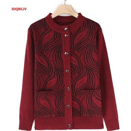Knitted Cardigan Sweater Coats 2019 Winter Middle Age Mother Plus Size Women Knitwear Tops Printed Grandma Cardigans Jacket 1191