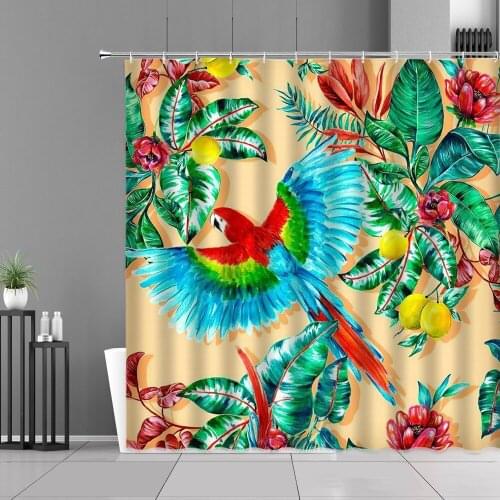 Colorful Birds Parrot Shower Curtain Green Tropical Plant Print Bath Curtains Waterproof Home Decoration Screen Cloth With Hooks