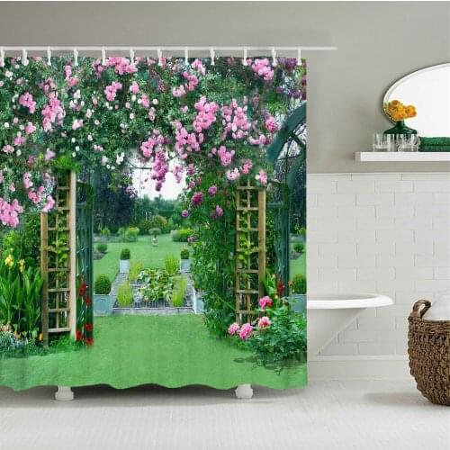 Rural Pastoral Flower Printed Shower Curtain Bathroom Screen Cover 3D Scenery Bath Decor With Hooks Waterproof Fabric Multi Size