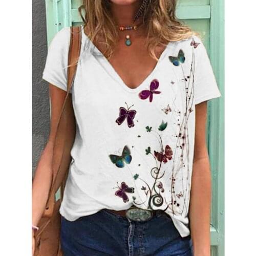 Womens Butterfly Print T-shirt Funny Summer Casual V-neck New Solid Casual Womens Tops Short Sleeve Tshirts Plus Size #T1Q