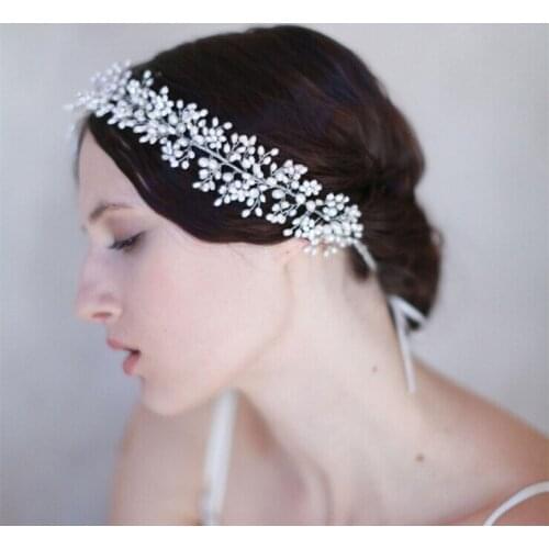 Handmade Crystal Flowers Ribbon Bridal Headband Tiara Crown Silver Color Wedding Hair Accessories Elegant Rhinestone Women