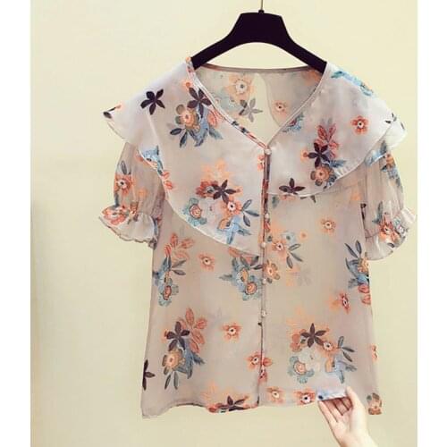 Women tops and blouse 2020 ladies tops chiffon shirts for women Short Button Floral Ruffled Flare Sleeve blusas femininas 0601
