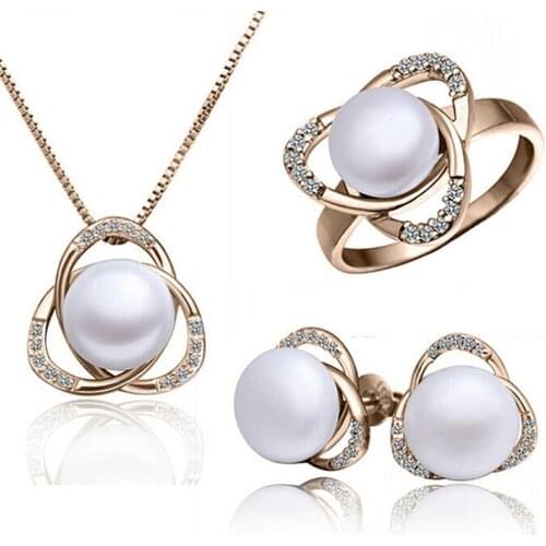 Qianraq Women Imitation Pearls Jewelry Set Bread Pearl Pendant Necklace Ring Stud Earrings Jewelry Set for Party Wedding