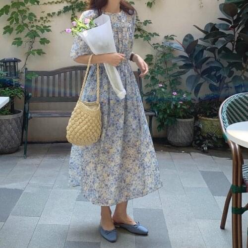 Sannian Women Dress Summer Oil Painting Shredded Round Neck Wood Ear Trim Patchwork Receive Waist Bubble Sleeve Dresses Clothes