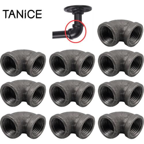 TANiCE 10Pcs Threaded Iron Pipe Fitting 90 Degree 1/2 " 3/4" Anti-rust Malleable Cast Iron For Industrial Furniture Accessories
