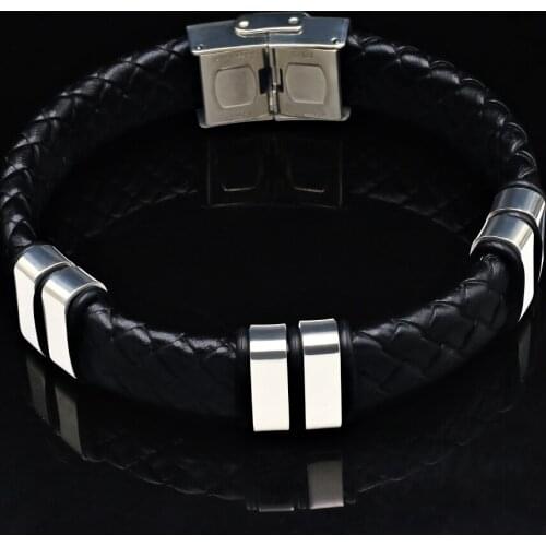 2021 Fashion Jewelry Vintage Handwork Weave Wide Pu Leather Bracelet Men Simple Stainless Steel Bracelets Bangles Men Jewelry