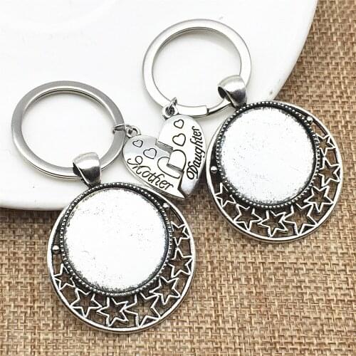 1Set Mom And Daughter Keychains Cabochon Base Fit Round 25mm Stars Keychain Alloy Key Rings Jewelry Finding Diy Making