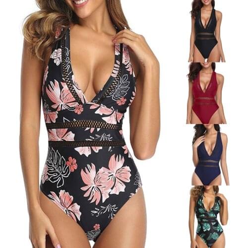 One-piece Swimsuit Sexy V-neck Hollow Mesh Solid Color Printing Waterproof Womens Swimwear Hot-selling Beach Vacation Bikini