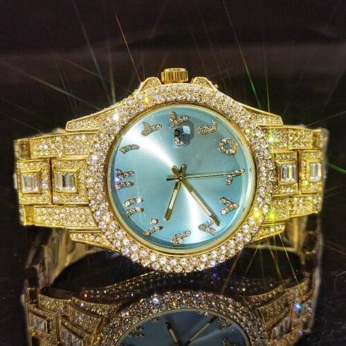 MISSFOX Gold Luxury Watches Man Diamond Round Tiffan Blue Arabic Digital Men Wristwatch New Fashion Relógio Masculino Quartz