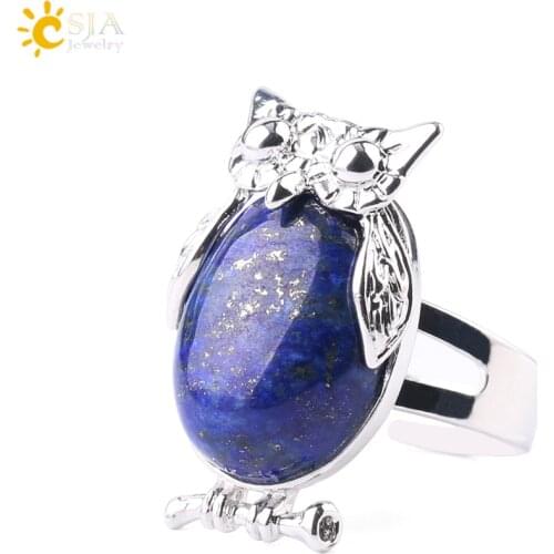 CSJA Lovely Owl Women Finger Ring Natural Stone Cabochon Bead Adjustable Rings Silver-color Cute Animal Charm Party Jewelry F566
