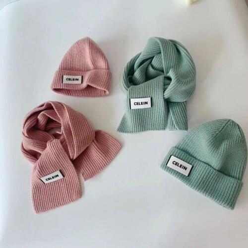 2021 Korean personality children hat and scarf two-piece autumn and winter solid color warm baby knitted hat and scarf set