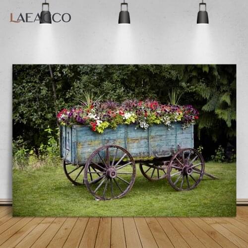 Laeacco Wheel Barrow Garden Flowers Photography Backgrounds Vine Decor Natural Customized Photographic Backdrop For Photo Studio