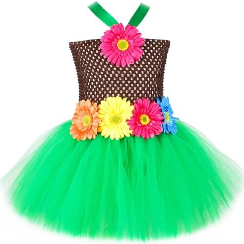 Hawaiian Hula Tutu Dress Tulle Flowers Baby Girls Hawaii Luau Birthday Party Dresses Halloween Carnival Costume for Kids 1-12Y
