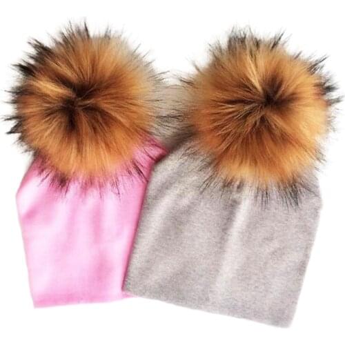 Winter childrens infant toddler hat cap Kids baby boys girl cotton newborn photography props raccoon faux fur pompom hat beanie