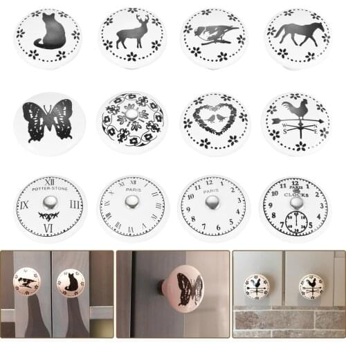 Printed Round Ceramic Knob Black on White Handle Pull Arabic numerals Paris Roman numbers Clock Animals Drawer Cabinet w/screw