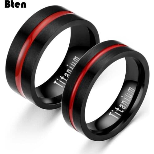 Bten Mens fashion 6/8MM Black Brushed Ladder Edge Stainless Steel Ring Red Groove Men Wedding Ring Gifts For Men