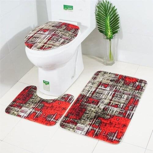 3 PCS Bathroom Floor Mat Flannel Toilet Pad set with marble or abstract printing pattern Non-slip combination Rug set
