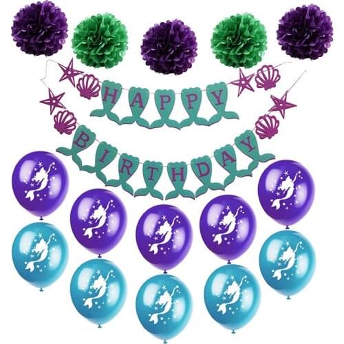 New Fashion Happy Birthday Mermaid Banner Artificial Paper Flower Balloon Set background Decoration Backdrops DIY