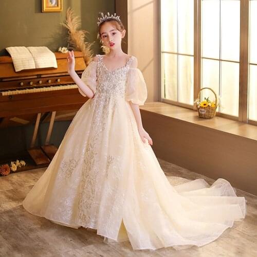 2021 Luxury New Children Kids Model Show Catwalk First Communication Princess Lace Dress Girls Birthday Evening Party Ball Dress