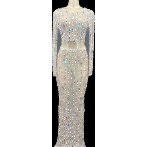 New Design Rhinestones pearls Mesh Dress Birthday Celebrate Stretch Dress See Through Outfit Singer Prom Party Performance
