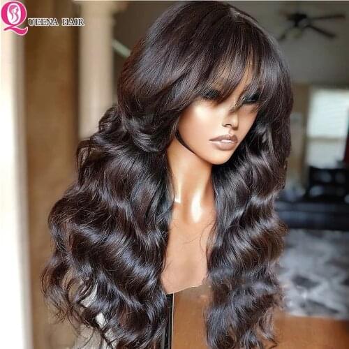 Brazilian Body Wave Human Hair Wig With Bang 30 inch Lace Front Wig 13x4 Transparent Lace Wig With Bangs Remy 4x4 Closure Wig