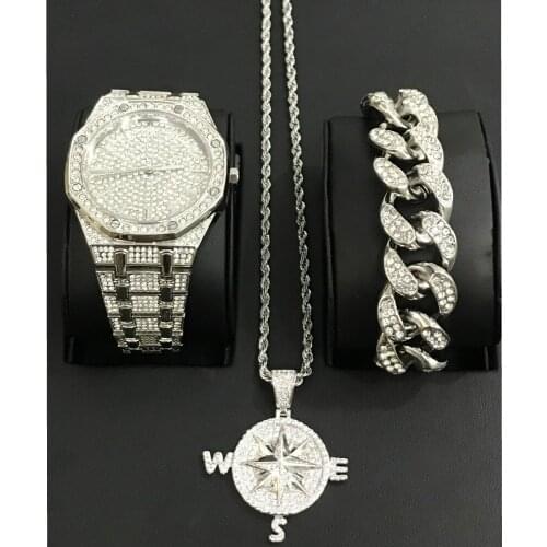 Luxury Men Gold Color Watch Men Jewelry Stylish Watch & Bracelet &Necklace Combo Set Compass Pendant Ice Out Cuban Watch For Men