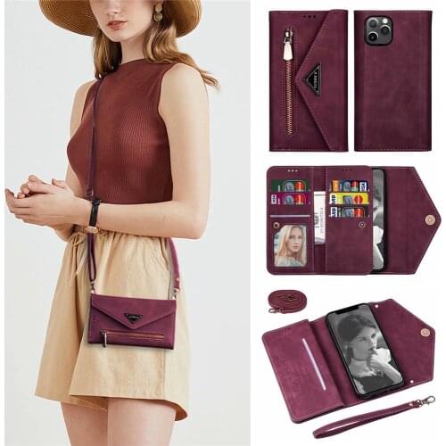 Fold Envelope Credit Card Wallet Case For Samsung Galaxy S20 Ultra S8 S9 S10 Plus S10E A10 A30 A50 A70 Crossbody Strap Phone Bag