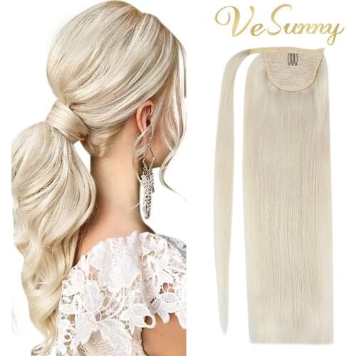 VeSunny Ponytail Extensions Wrap Around Magic Tape with Comb 100% Human Hair Straight Light Blonde #60 80g/set