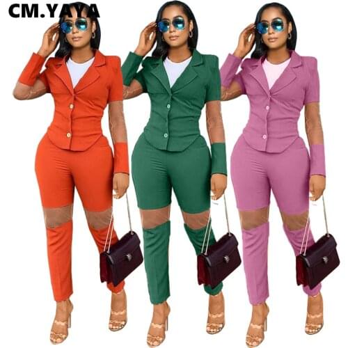 CM,YAYA Streetwear Womens Tracksuit Mesh Splicing Blazer and Pants Matching Two 2 Piece Set Office Lady Sweatsuit Outfits