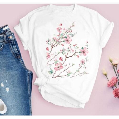 Womens Floral Print T-shirt White Casual Cute 90s Style Retro Womans T-shirt Plant Flower Harajuku Tops Female Clothing Tees