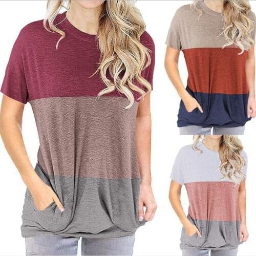 Summer T Shirt Women New Summer 2021 Patchwork t-shirts Pockets Round Collar Short Sleeve Tee Tshirts Dropshipping MDF8008