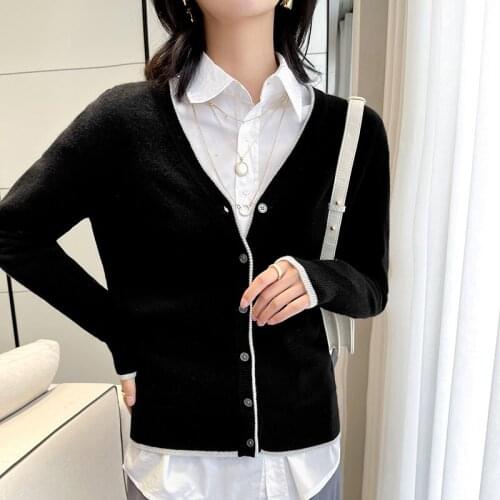 Womens cardigan 2021 autumn and winter new 100% wool sweater casual v-neck cashmere sweater plus size stitching ladies tops hot