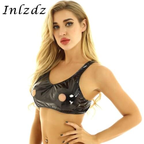 Womens Erotic Lingerie Bra Wet Look Patent Leather Sex Costume Wide Shoulder Straps Open Nipples Hole Design Hot Sexy Bra Top