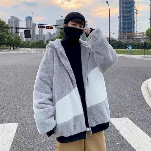 Winter Men Jacket Warm Plush Casual Loose Hooded Coat Mixed Color Patchwork Winter Outwear Faux Fur Zipper Ladies Parka Coat Yes