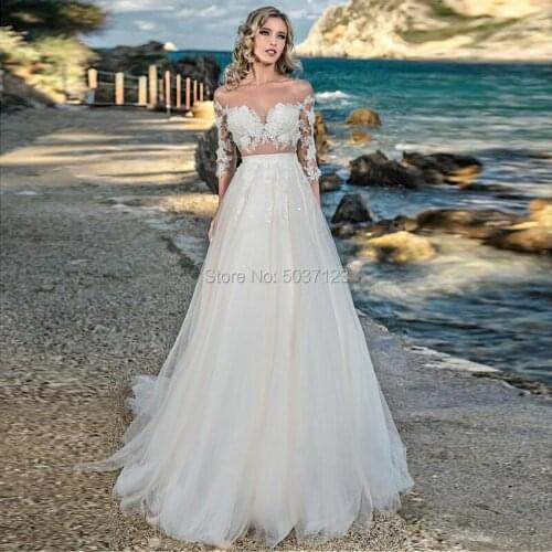 2021 Charming Boho Tulle Wedding Dresses with Long Sleeves Off the Shoulder Lace Appliques A Line Bridal Gown Vestido De Noiva